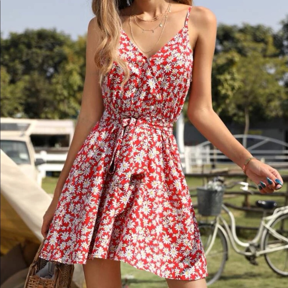 All over floral printed dress, belted slip dress, multicolor